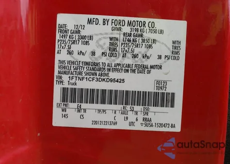 2013 Ford F150 from USA, damaged, VIN 1FTNF1CF3DKD95425